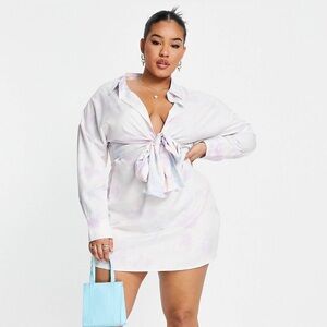 Misguided Plus tie front mini shirt dress in abstract print
